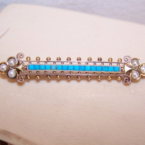 Antique Victorian 14K Gold Persian Turquoise Natural Pearl Etruscan Revival Pin - Picture 2 of 8